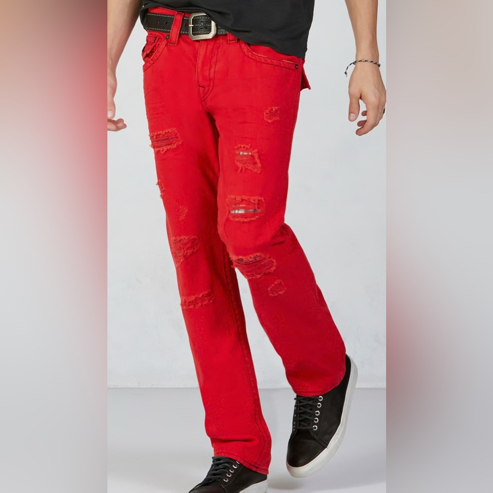 NWOT: True Religion Red Distressed Jeans Size 38 - Picture 2 of 6